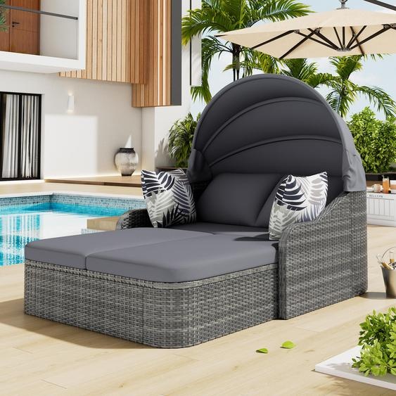 Sonneninsel, ensemble de salon de jardin, rotin PE avec auvent réglable, chaise longue de terrasse tout temps en osier tressé, salon double avec 4 coussins et housses amovibles pour le jardin et la piscine, gris