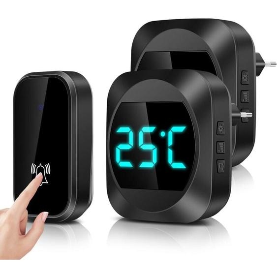 Sonnette sans Fil avec Température led avec 2 Récepteurs Sonnette de Porte Étanche Kit de Carillon Electronique 150m 38 Mélodies