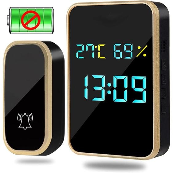 Sonnette sans fil dextérieur étanche et automatique sans piles, affichage de la température, de lhumidité et de lheure, sonnette sans fil avec 38