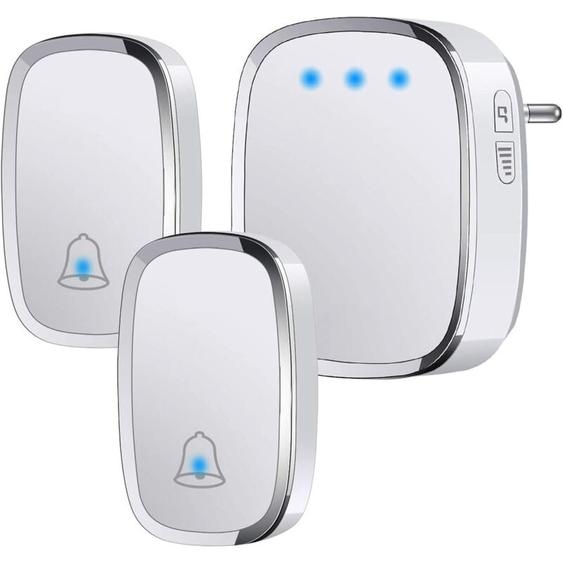 Sonnette sans Fil Extérieur Étanche IP44, Sonnette de Porte 300 Mètres, Kit de Carillon avec led Flash, 2 Émetteurs et 1 Récepteur, 5 Niveaux de