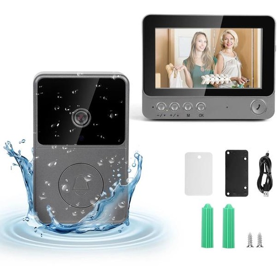 Sonnette vidéo avec caméra - Écran de 10,9 cm - Indice de protection IP65 (étanche) - Grand angle de 170° - Vision nocturne - 6 sonneries - Gris