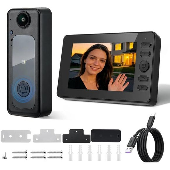 Sonnette vidéo Funk – Interphone avec écran – Écran de 10,9 cm, indice de protection IP65 – Caméra HD 2,4 GHz – Audio bidirectionnel – Vision nocturne – Noir