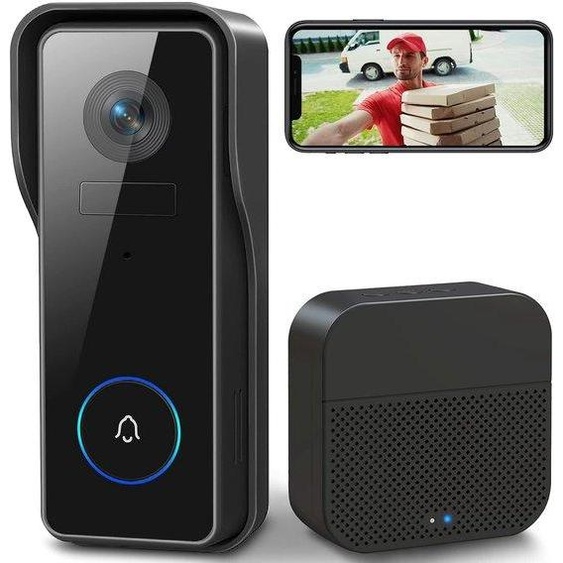 Sonnette vidéo sans fil avec caméra - Sonnette intelligente sans abonnement - Sonnette vidéo à piles, avec sonnerie et cloche - Noire, fonctionnant à piles, sans frais mensuels, idéale pour tous les logements.