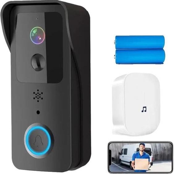 Sonnette vidéo sans fil, caméra HD 1080P, notifications intelligentes, kit noir, prise EU