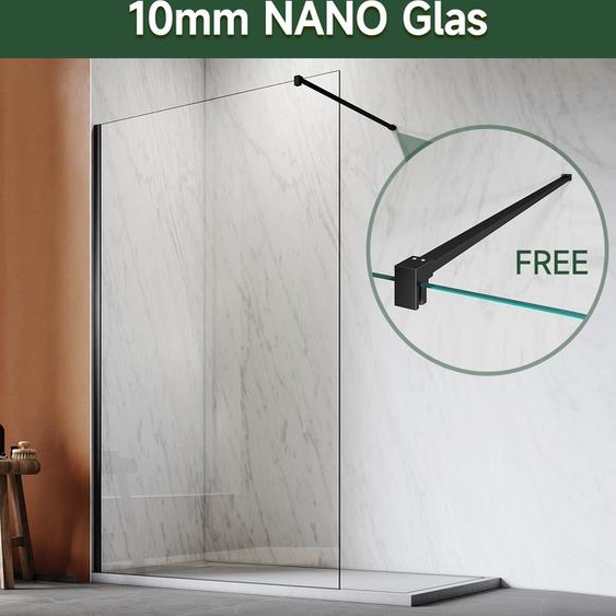 SONNI 120x200cm Walk in Paroi de douche avec 10mm NANO revêtu verre clair noir Paroi de douche