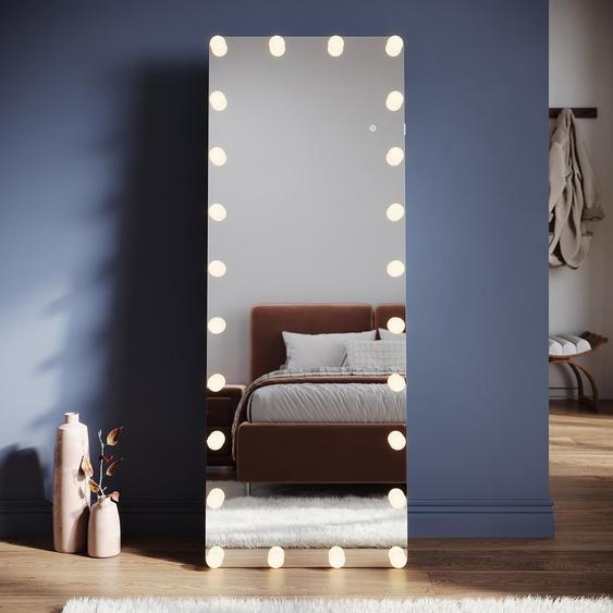 SONNI 160 x 60 x 3,5 cm blanc miroir de dressing sur pied carré avec éclairage par ampoules LED et prise de courant, fixation murale