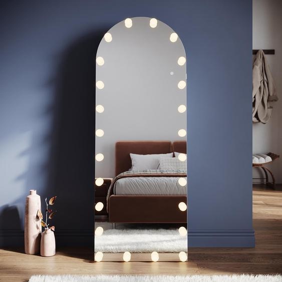 SONNI 160 x 60 x 3,5 cm Miroir de maquillage blanc bombé sur pied avec éclairage par ampoules LED et prise de courant, supporte le montage mural