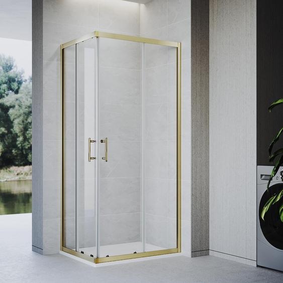 SONNI 70 x 80 x 195 Paroi de douche dorée brossée, porte coulissante avec rails supérieur et inférieur, verre de 5 mm, cadre de porte avec plage de réglage de 20 mm