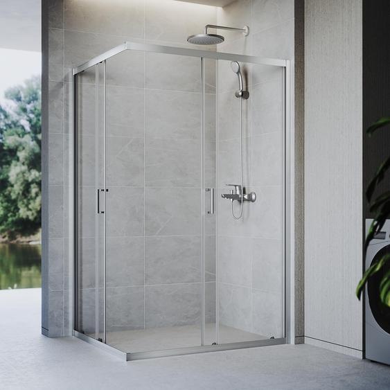 SONNI 76 x 120 x 185, paroi de douche argentée, porte coulissante avec rails supérieur et inférieur, verre de 5 mm, cadre de porte avec plage de réglage de 20 mm