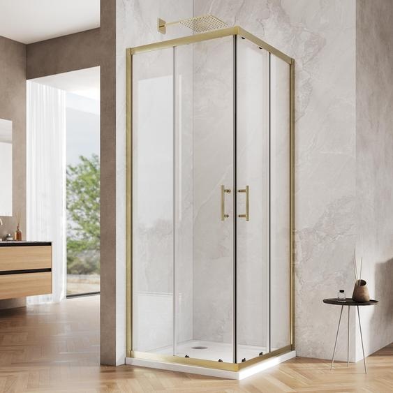 SONNI 80 x 80 x 195 Séparateur de douche en or brossé, porte coulissante avec rail supérieur et inférieur, verre de 5 mm, cadre de porte avec plage de réglage de 20 mm