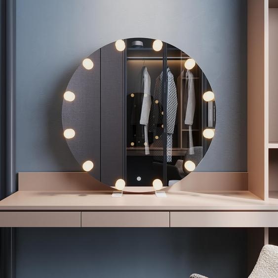 SONNI 80 x 80 x 3,5 cm Blanc Miroir de courtoisie rond avec éclairage par ampoules LED et douille pour accrochage mural.