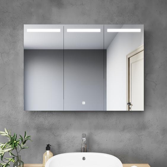 SONNI 90x65x13cm 3 portes inox Armoire de toilette avec interrupteur tactile Eclairage LED avec prise rasoir