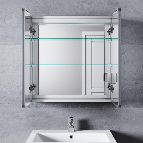 SONNI Aluminium 65x65cm Salle de bain Armoire de toilette antibuée avec interrupteur tactile Eclairage LED Charnière sans fil avec prise rasoir