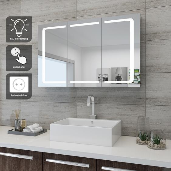 SONNI Armoire de toilette 105x65cm avec éclairage LED Interrupteur à bascule 3 portes inox IP44 avec prise rasoir