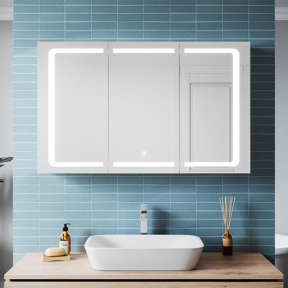 SONNI Armoire de toilette 3 portes 105x65cm avec éclairage LED 3 couleurs avec prise rasoir Touch inox Charnières sans fil Design