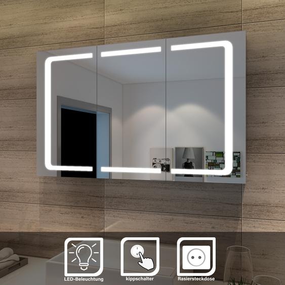 SONNI Armoire de toilette 3 portes avec éclairage LED 105x65cm Interrupteur à bascule IP44 Acier inoxydable avec prise rasoir