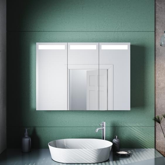 SONNI Armoire de toilette 3 portes en acier inoxydable 90x65 13cm Bouton poussoir avec éclairage LED avec prise rasoir