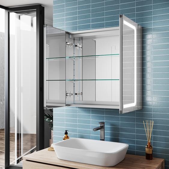 SONNI Armoire de toilette en aluminium 65x65cm avec éclairage LED Antibuée Commutation tactile Prise rasoir Charnière sans fil