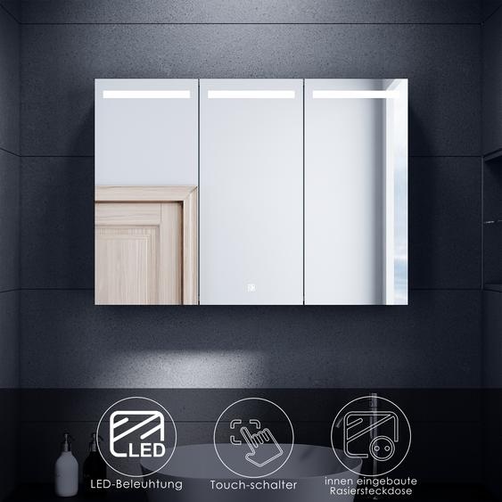 SONNI Armoire de toilette en inox avec éclairage LED & prise rasoir 90x65x13cm 3 portes Interrupteur tactile
