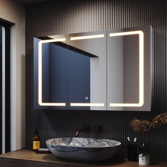 SONNI Armoire de toilette Salle de bain LED avec éclairage 3 couleurs 105x65cm Prise rasoir Touch 3 portes Acier inox Charnières sans fil Design