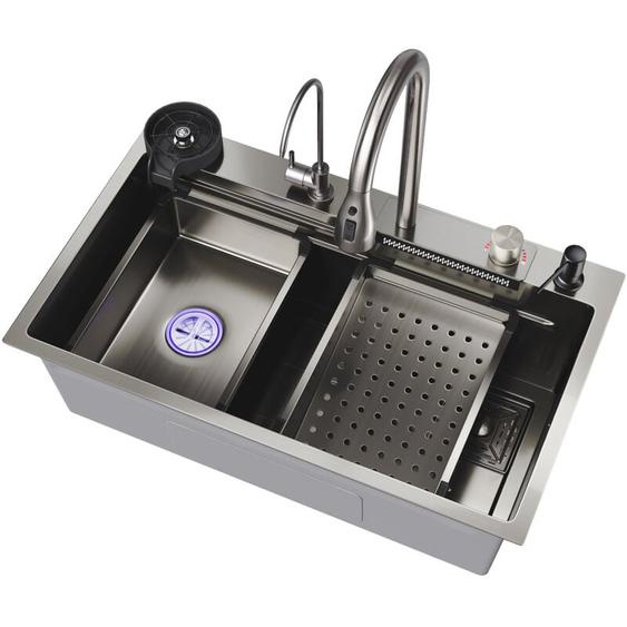 SIRHONA Évier de Cuisine 1 Bac Acier Évier en acier inoxydable,Sortie deau de type cascade, robinet multifonctionnel 75x45x23 cm