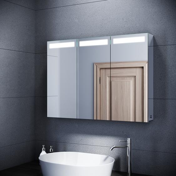 SONNI inox Armoire de toilette 3 portes 90x65x13cm avec éclairage LED Interrupteur à bouton-poussoir avec prise rasoir