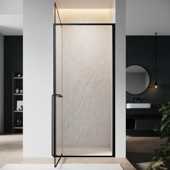 SONNI Porte de douche invisible à charnières, 90x195 cm, verre de sécurité de 6 mm, noir mat, porte de douche avec un seul mot