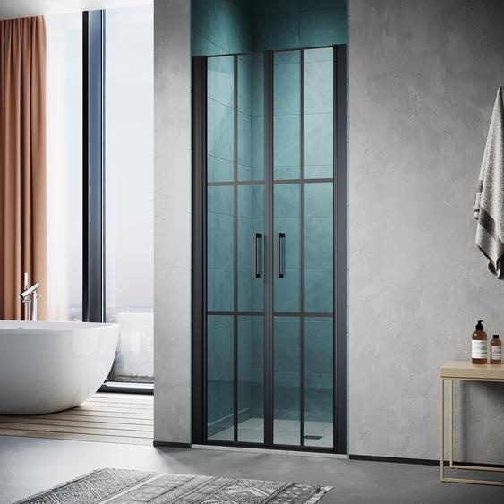 SONNI Portes de douche Porte en niche 90x195cm Porte double battante Paroi de douche pivotante en niche Porte de douche battante Cabine de douche verre ESG Noir