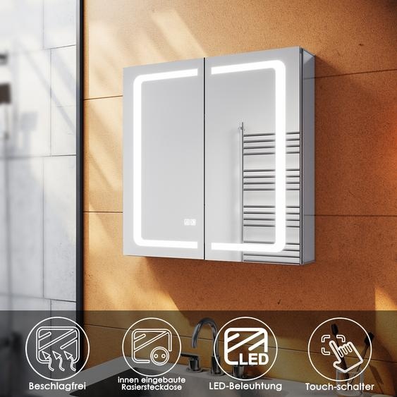 SONNI Salle de bain anti-buée Armoire de toilette 65x65cm Aluminium avec éclairage LED Commutation tactile Charnière sans fil Prise rasoir