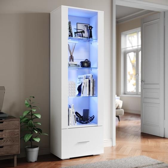 Sonni - sirhona led Armoire vitrine 4 compartiments avec tiroir Bibliothèque haute brillance pour salon, chambre à coucher, blanc 55x35x172cm