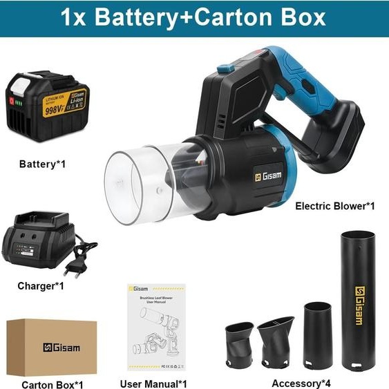 Souffleur à batterie - Souffleur turbo maniable - Moteur sans balais - Alimentation par batterie 21 V - Vitesse de lair 200 m/s - Batterie incluse (1x) - Couleur or