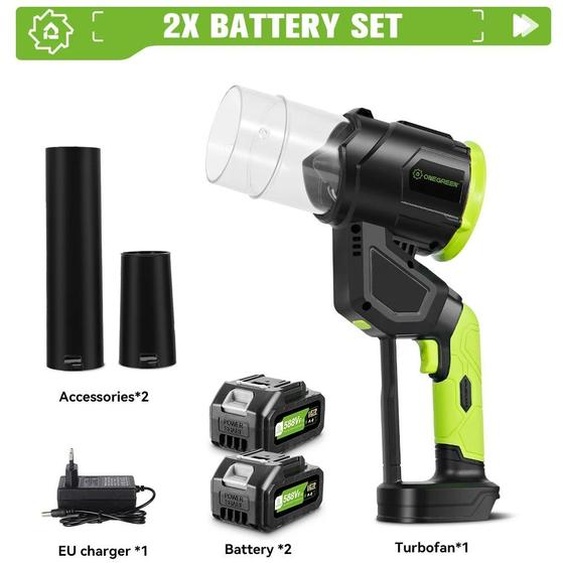 Souffleur dair électrique / souffleur de feuilles - Modèle sans fil à main, version turbo - 5 000 W - 38 000 tr/min - Moteur sans balais - 2 batteries, prise UE - Couleur or