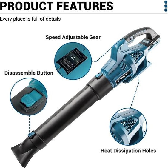 Souffleur dair sans balais - Souffleur à main - 6 vitesses - 8000-17000 tr/min - 22-40 m/s - Dissipation efficace de la chaleur - Léger et ergonomique - 1 batterie incluse