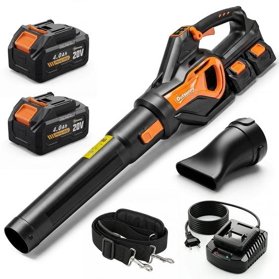 Souffleur de feuilles et aspirateur de feuilles, moteur sans balais, technologie Turbo-Boost, souffleur de feuilles sans fil 20V, plastique, orange/noir | 2 batteries de 4,0 Ah | Vitesse de lair : 162,7 km/h | Longueur : 102 cm