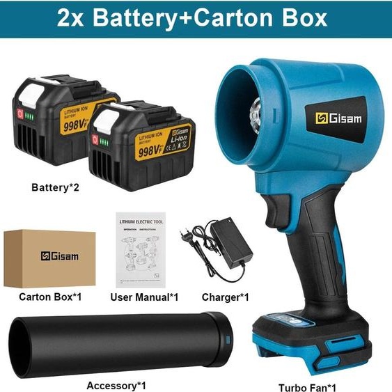 Souffleur de feuilles et de poussière - Souffleur turbo-jet portatif - 3 000 W - Moteur sans balais - 400 m/s - 300 000 tr/min - 2 batteries 18 V