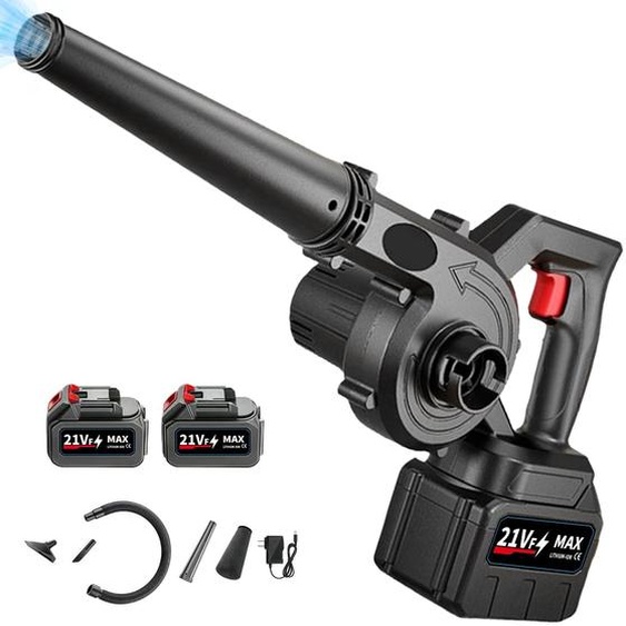 Souffleur de feuilles sans fil, 21 V, 2 batteries, avec fonction boost, pour jardin et terrasse