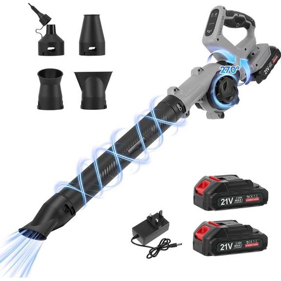Souffleur de feuilles sans fil à batterie - Moteur sans balais - Pivotant à 270° - 3 vitesses - 2 batteries incluses - Courant continu