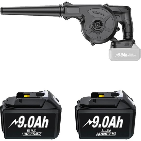 Souffleur de feuilles sans fil, choix de batterie 6,0Ah ou 9,0Ah, 98 CFM de débit dair, 2 pièces 9,0 Ah