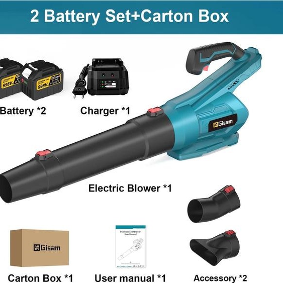 Souffleur de feuilles sans fil - Moteur sans balais Turbo - 20 000 tr/min - Système de batterie 18 V - Kit comprenant 2 batteries - Haute pression - Rouge