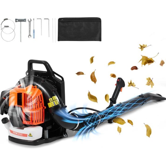 Souffleur de feuilles VEVOR en sac à dos, 63 CC Souffleur de feuilles à essence 2 temps avec réservoir de carburant de 1,89 l, volume dair de 1110 CFM, vitesse de 220 MPH, idéal pour lentretien du gazon, le nettoyage des feuilles et le déblaiement de la