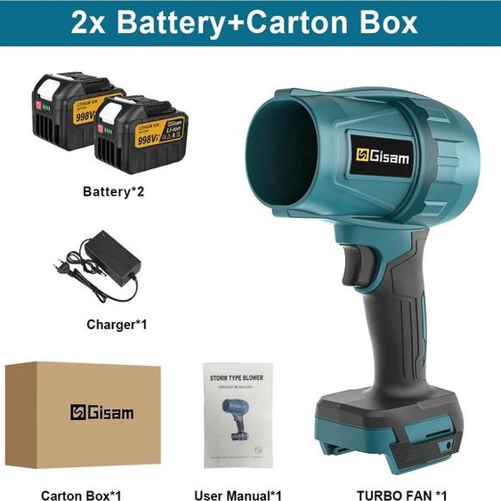 Souffleur électrique - Souffleur turbo 18 V - Moteur sans balais - Puissance de 1 500 W - Appareil portatif sans fil - 2 batteries 998VF incluses - Argent