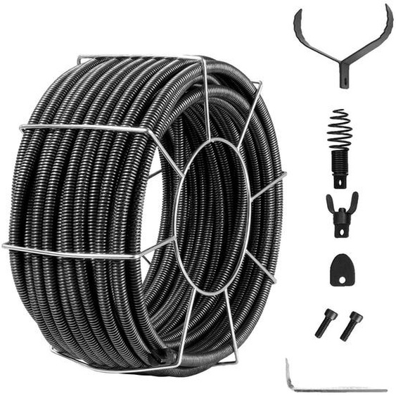 Spirale de nettoyage de tuyaux VEVOR 30 m x 19 mm, spirale de nettoyage de tuyaux en acier et 4 couteaux pour tuyaux de 100 à 200 mm, spirale de nettoyage de tuyaux avec noyau interne pour évier, siphon de sol, toilettes