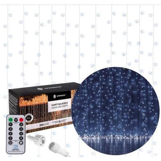 Rideau lumineux - SPRINGOS - 306 LEDs - 6M - Télécommande - Blanc froid - 8 fonctions