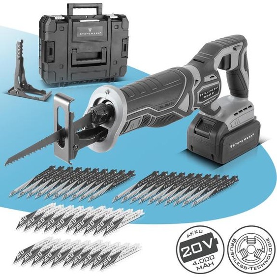 STAHLWERK Scie sabre sans fil brushless avec 40 lames de rechange 20 x bois, 20 x métal