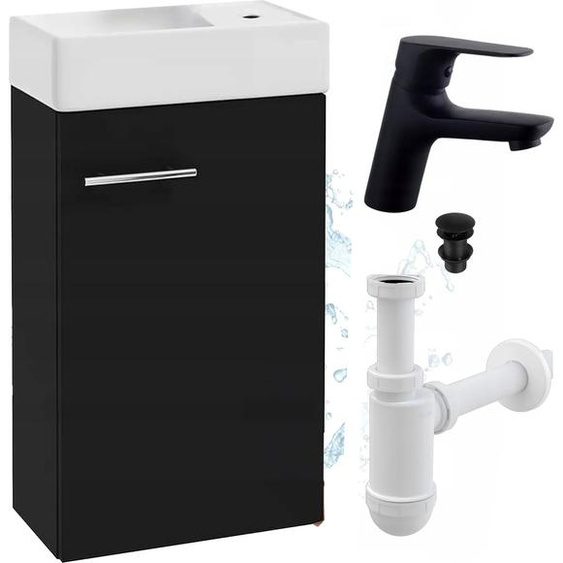 Stamar | Armoire de salle de bains, avec lavabo, lavabo mural, avec robinetterie noire et clic clac, 40 cm, siphon