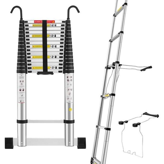 STANEW Échelle Télescopique 6.2M avec Stabilisateur déchelle, Marchepieds Escamotables en Aluminium avec Barre Stabilisatrice et Crochets Amovibles