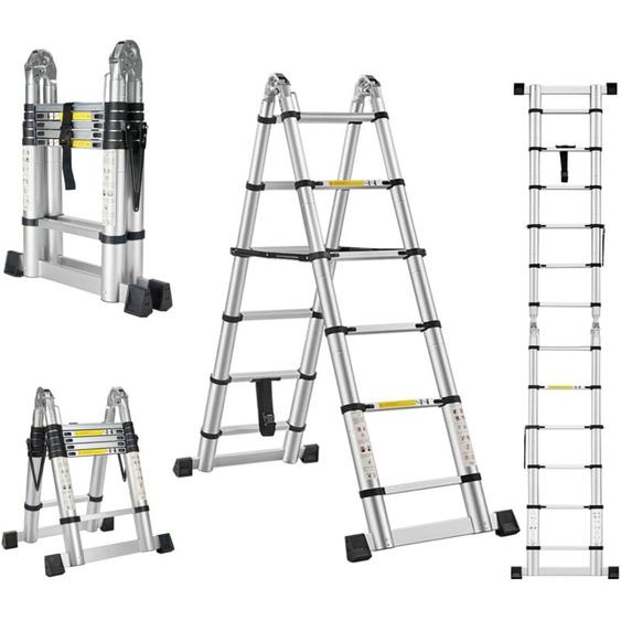 STANEW Échelle Télescopique de 3.8 m(1.9+1.9), Echelle Pliante 2 en 1, Escabeau Télescopique en Aluminium, Échelle Pliable avec Travail à Lintérieur