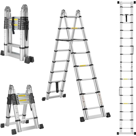 STANEW Échelle télescopique de 5 m(2.5+2.5), Echelle Pliante 2 en 1, Escabeau Télescopique en Aluminium, Échelle Pliable avec Travail à lintérieur