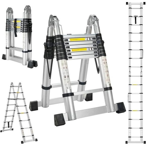 STANEW Échelle télescopique de 5m(2.5+2.5), Echelle Pliante 2 en 1, Escabeau Télescopique en Aluminium, Charge 150 kg, Argenté