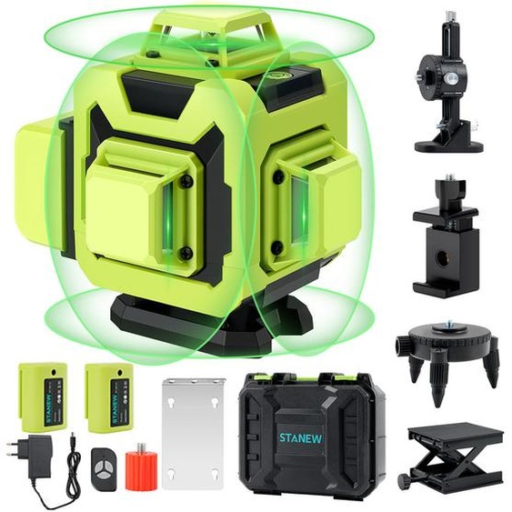 STANEW Laser lignes croisées vert 16 lignes, 4 x 360 ° laser niveau à bulle auto-nivelant,laser lignes croix laser construction pour intérieur chantier, 2 x2400mAh batterie rechargeable